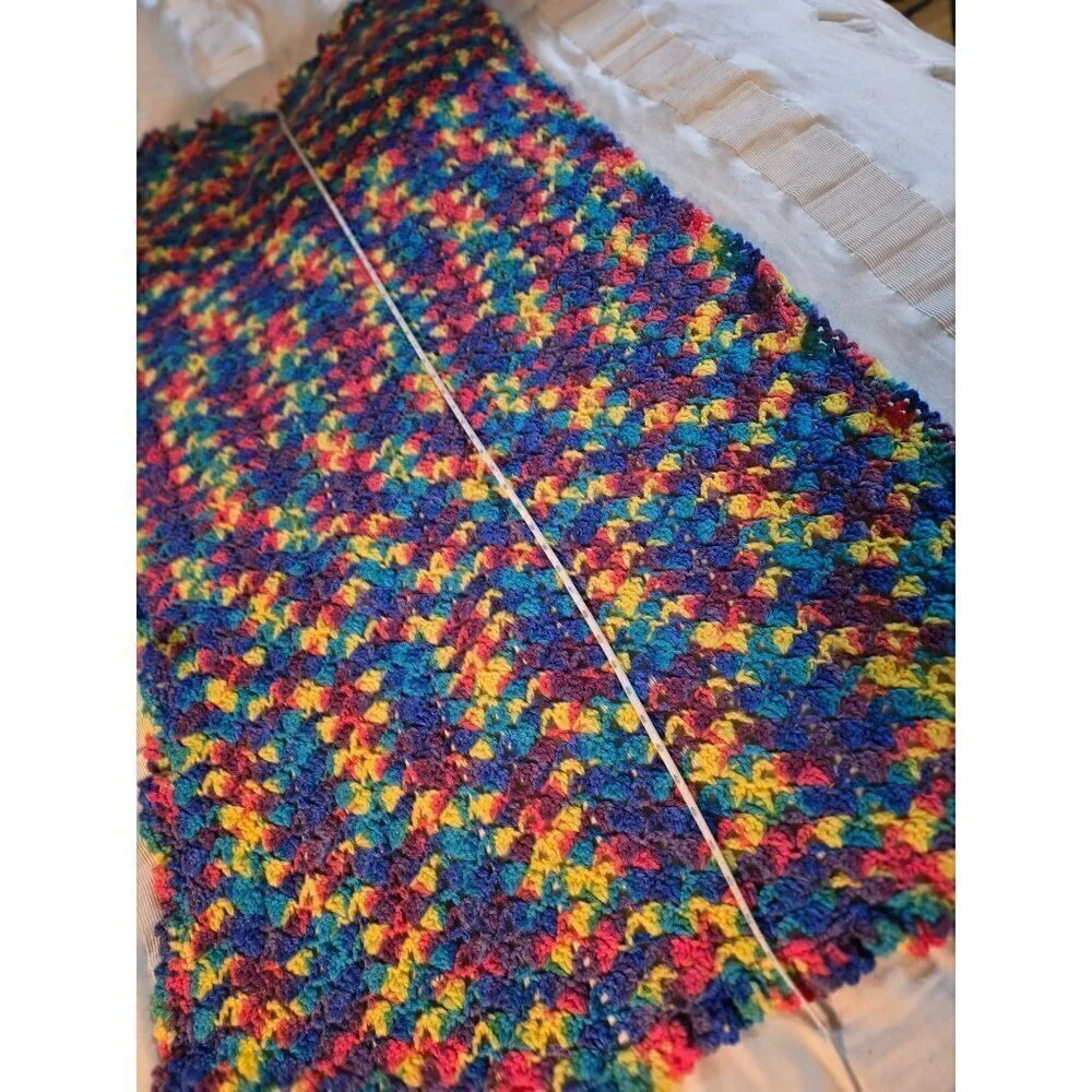 Vintage Handmade Colorful Knit Throw Blanket Pink Yellow Blue